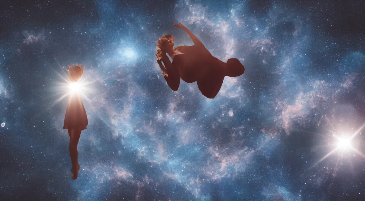 Image similar to one woman looking up while floating in space