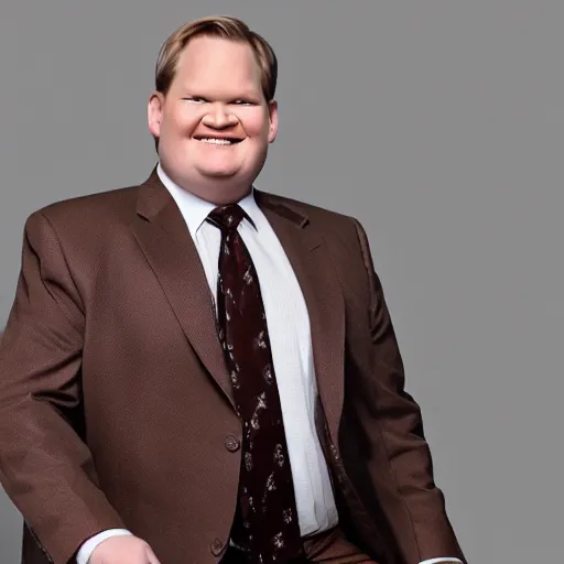 Image similar to Andy Richter is wearing a chocolate brown suit and necktie. He is in a bedroom lit by bright morning light and sitting upright in a bed stretching his arms. His mouth his wide open from yawning.