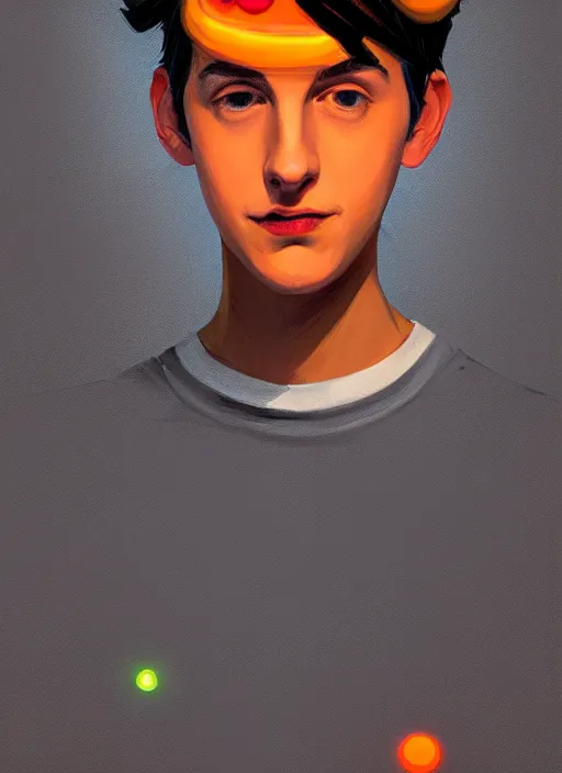 Image similar to portrait of teenage jughead jones wearing a light grey crown, symmetrical crown, hamburger background, eyes closed, crown, black hair, orange, intricate, elegant, glowing lights, warm lighting, highly detailed, digital painting, artstation, concept art, smooth, sharp focus, illustration, art by wlop, mars ravelo and greg rutkowski