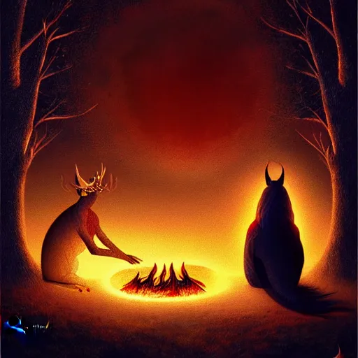 Image similar to strange mythical beasts of sitting around a fire under a full moon, surreal dark uncanny painting by ronny khalil