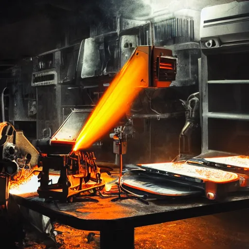 Image similar to toaster oven mecha head, dark messy smoke - filled cluttered workshop, dark, dramatic lighting, orange tint, sparks, cinematic, highly detailed, sci - fi, futuristic, movie still