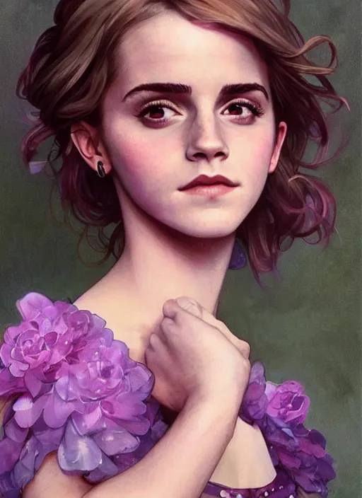 Image similar to emma watson wearing revealing pink and purple chiffon dress with flounces. beautiful detailed face. by artgerm and greg rutkowski and alphonse mucha