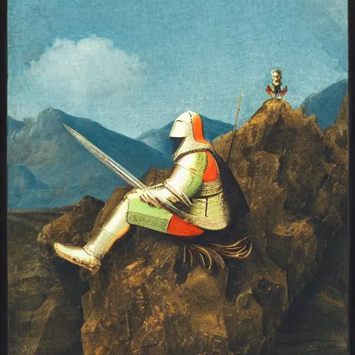 Prompt: a knight sitting on a mountain