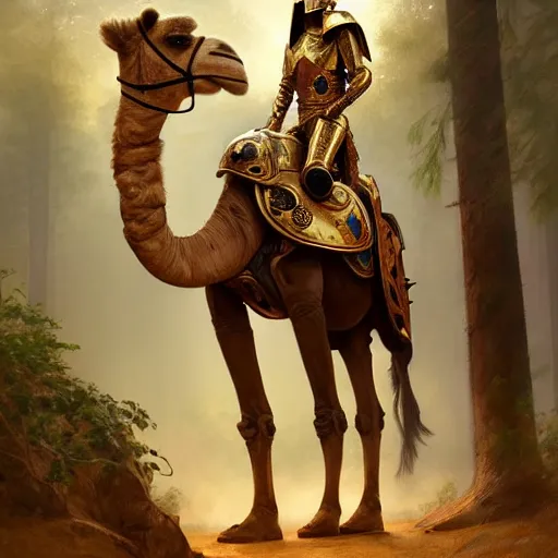 Image similar to photo of a humanoid camel dressed in armor with a golden helmet on the head, hold sword in the forest, highly detailed, digital painting, artstation, smooth, sharp focus, illustration, art by artgerm and greg rutkowski and alphonse mucha