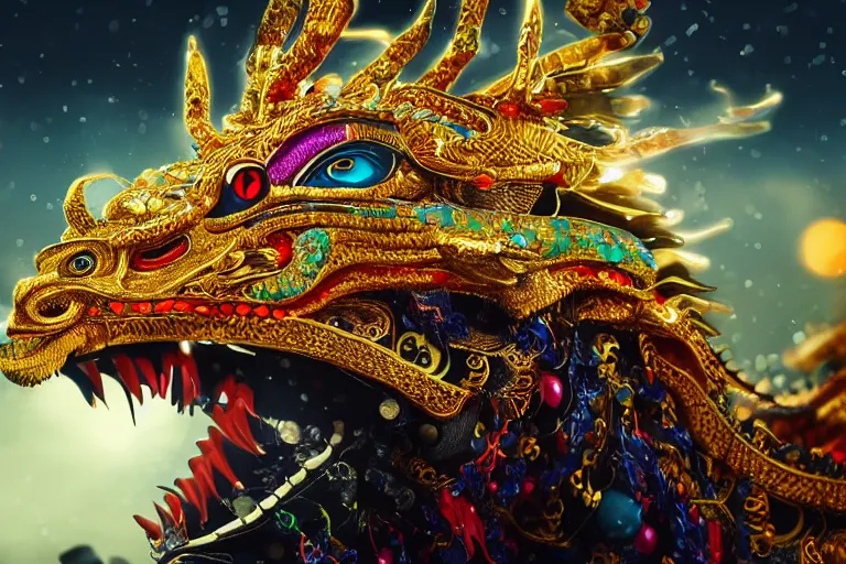 Image similar to cinematic closeup portrait of a golden chinese dragon intricately decorated with colorful jewels, detailed textures, nighttime city lights, strong bokeh, dramatic lighting, unreal engine, cgsociety, artstation, 4k