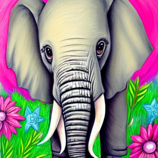 Image similar to whimsical portrait of cute baby elephant with flowers and pastel colors detailed painting 4k