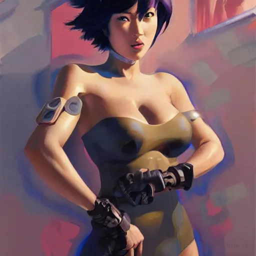 Prompt: greg manchess portrait painting of motoko kusanagi showing cybernetic parts of her body, medium shot, asymmetrical, profile picture, organic painting, sunny day, matte painting, bold shapes, hard edges, street art, trending on artstation, by huang guangjian and gil elvgren and sachin teng