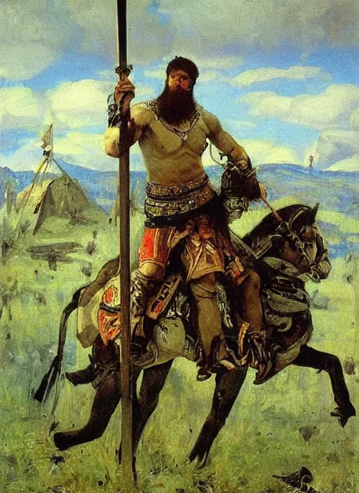 Image similar to warrior inspired a painting Heroes (Bogatyri) Viktor Vasnetsov