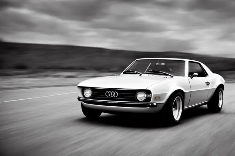 Prompt: audi camaro b 1 ( 1 9 6 9 ) drifting, phonk music background, dark, establishing shot