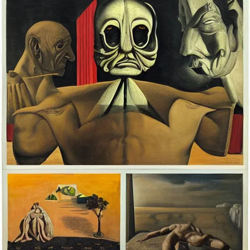 Image similar to the problem of evil, philosopy, by de chirico, by dali, by paula rego, by neo rauch