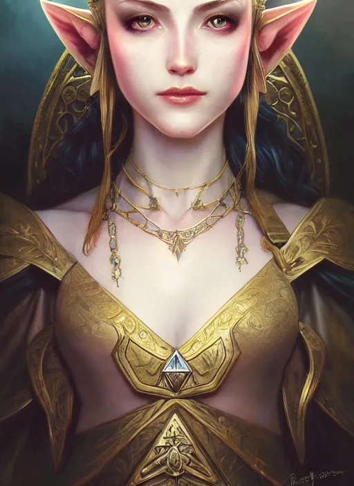 Prompt: beautiful one face portrait of a seductive princess zelda, dark fantasy esoteric, closeup, d & d, fantasy, intricate, elegant, highly detailed, digital painting, artstation, concept art, matte, sharp focus, illustration, art by artgerm and tom bagshaw and greg rutkowski and alphonse mucha