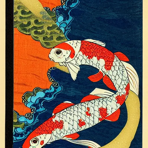 Prompt: drowned koi fish, ukiyo - e