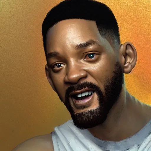 Image similar to portrait of will smith as jesus, au naturel, hyper detailed, digital art, trending in artstation, cinematic lighting, studio quality, smooth render, unreal engine 5 rendered, octane rendered, art style by klimt and nixeu and ian sprigger and wlop and krenz cushart.