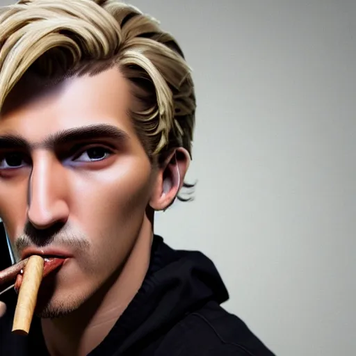 Image similar to a closeup photo of handsome gigachad xqc smoking a cigar, 8k photorealism, extremly detailed, trending on artstation