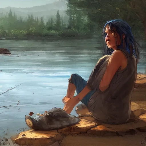 Prompt: clementine from walking dead sitting by a river with jj by greg rutkowski