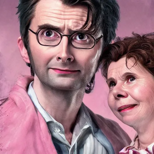 Image similar to david tennant and imelda staunton as dolores umbridge in pink clothes with the tenth doctor who, highly detailed, artstation, concept art, smooth, sharp focus, illustration, perfect face, art by willem claesz. heda, nikolay makovsky, jacek malczewski, arthur hughes, edward okun