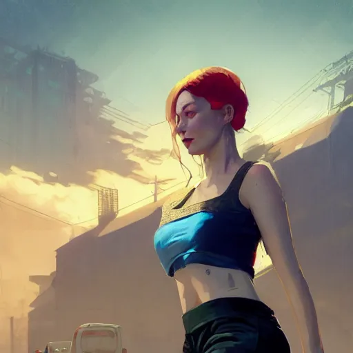 Image similar to highly detailed upper body portrait christina hendricks wearing plastic crop top cyberpunk in gta v, stephen bliss, unreal engine, fantasy art by greg rutkowski, loish, rhads, ferdinand knab, makoto shinkai and lois van baarle, ilya kuvshinov, rossdraws, tom bagshaw, global illumination, radiant light, detailed and intricate environment