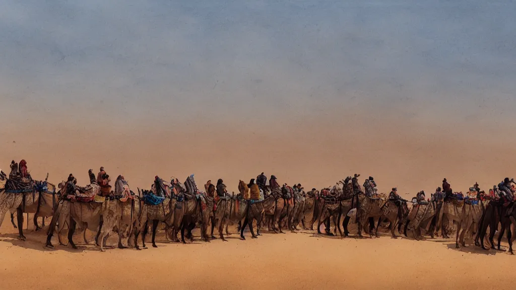 Prompt: view of arabian merchants lined up riding camels in the desert, watercolored, jakub rozalski, dark colours, dieselpunk, artstation