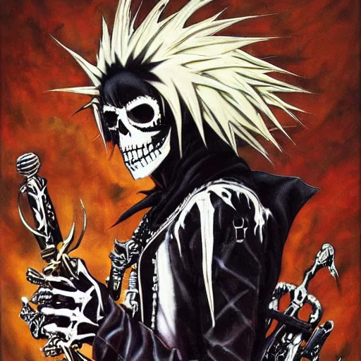 Image similar to a portrait of the grim reaper as a punk rocker, punk, skeleton face, mohawk, dark, fantasy, leather jackets, spiked collars, spiked wristbands, piercings, boots, electric guitars, motorcycles, ultrafine detailed painting by frank frazetta and vito acconci and takeshi obata, death note style, detailed painting