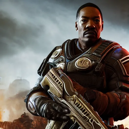 Image similar to eddie murphy in gears of war battlefield 5, splash art, movie still, cinematic lighting, dramatic, octane render, long lens, shallow depth of field, bokeh, anamorphic lens flare, 8 k, hyper detailed, 3 5 mm film grain