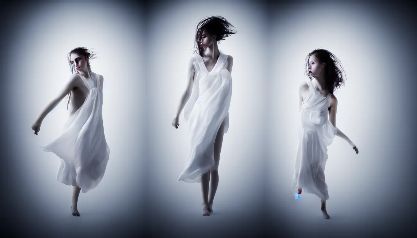 Image similar to photo portrait of a young woman dress in white, fine art photography light painting in style of Paolo Roversi, professional studio lighting, dramatic background lighting, hyper realistic photography,, motion blur 80 mm sigma art