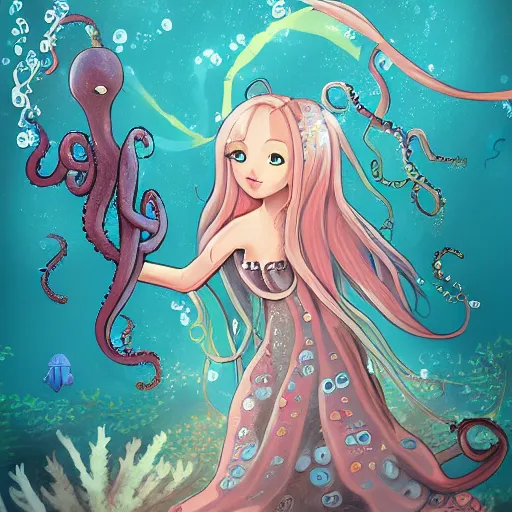 Prompt: a cute octopus girl with a flowy dress under the sea trending on art station fantasy style