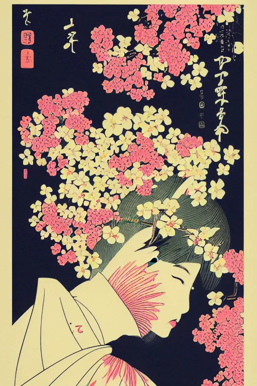 Image similar to Beautiful vintage Japanese poster representing the mind as flowers, 10% surreal, risograph poster, beautiful colors, deep meaning, Intricate image, moving