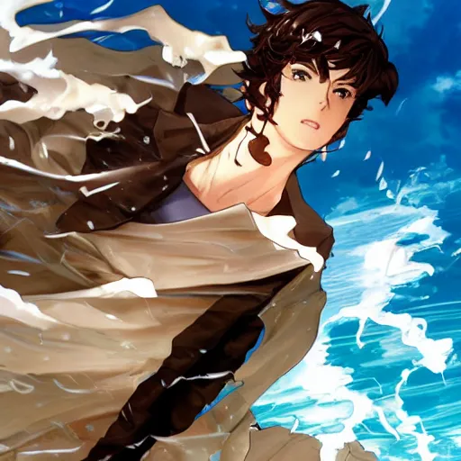 Image similar to epic battle brown haired boy summons a huge wave of water. detailed. masterpiece. dramatic. rule of thirds. jc leyendecker. repin. shigenori soejima.
