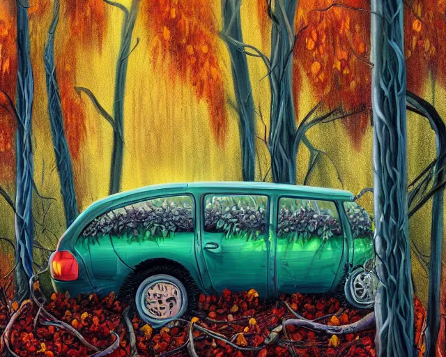 Image similar to A painting of an overgrown car in a forest, vines coming down from the tall trees, autumn, rocky ground, digital art, trending on Artstation, immaculate scale, amazing composition, cartoon illustration