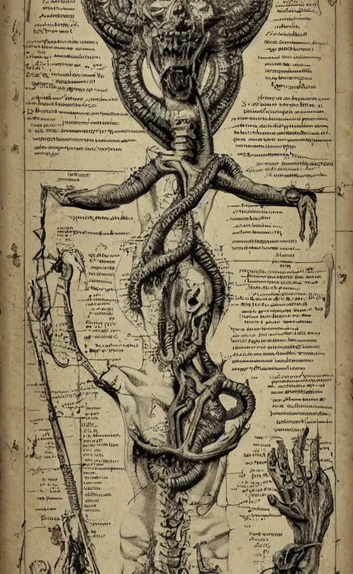 Prompt: hyper detailed antique occult instructions, eldritch, anatomy, pagan god