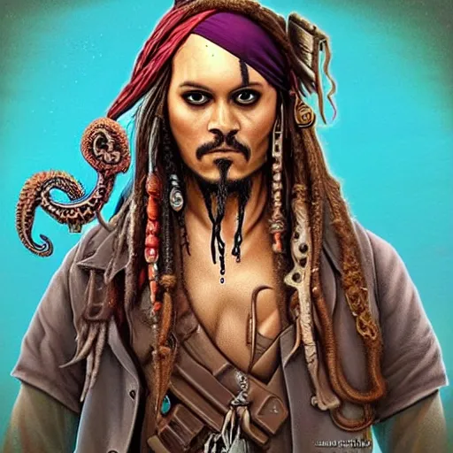 Image similar to Lofi BioPunk Lovecraft Lovecraftian portrait of Jack Sparrow with an octopus Pixar style by Tristan Eaton Stanley Artgerm and Tom Bagshaw