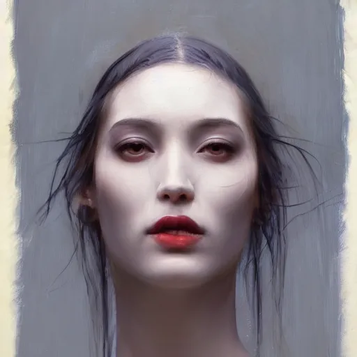 Image similar to yanjun cheng portrait of a beautiful dark fae woman, with black lips, gray mottled skin, black feathers instead of hair, feathers growing out of skin, modestly clothed, intricate, detailed, symmetric face, by wlop and karol bak and bouguereau and viktoria gavrilenko