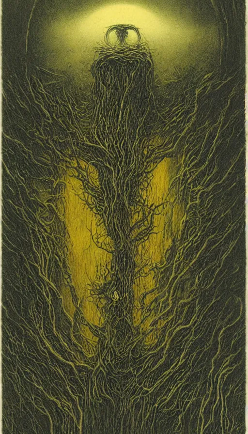 Image similar to forbidden knowledge, madness, the eldritch king in yellow by beksinski, tarot card, strange frames, ghibli