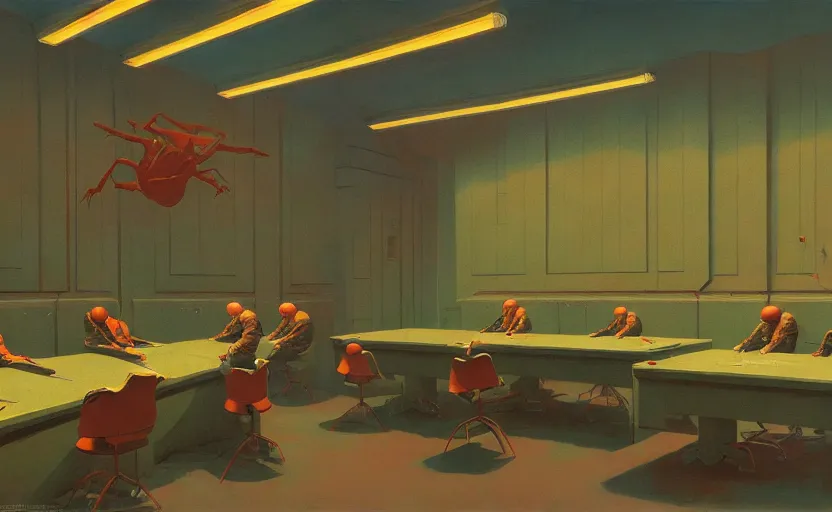 Prompt: Interior shot of soviet war room, highly detailed, very coherent, painted by Francis Bacon and Edward Hopper, Wayne Barlowe, painted by James Gilleard, surrealism, airbrush, art by JamesJean