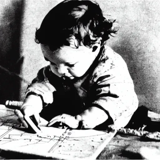 Image similar to Baby Albert Einstein making a crayon drawing of plans for atomic bomb