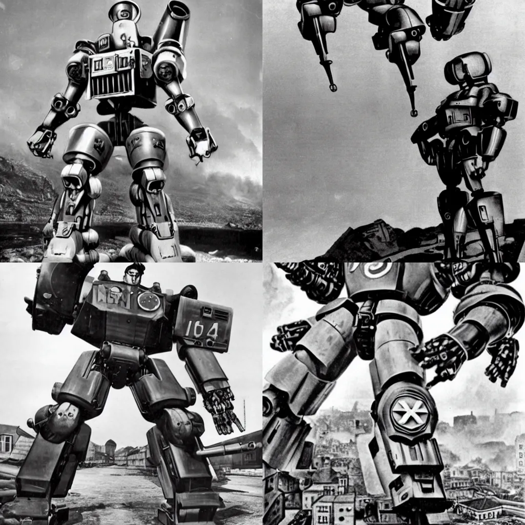 Prompt: Big Gulp taking over Europe in a mecha suit, 1943, war photography, history