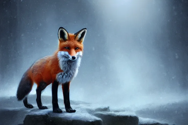 Image similar to portrait of a fox wearing blue coat stood outside a school, trending on artstation, highly detailed, digital painting, volumetric light, concept art, middle focus, illustration, lighting by Marc Adamus, daren bader, aleksi briclot, rutkowski, bouguereau