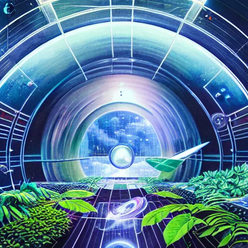 Image similar to a cinematic view of an orbital space habitat, large indoor greenhouse with exotic plants, retrofuturism, sci - fi art, oil on canvas, nebula waterfalls, hard sufaces, details, hyper - detailed, hd, hdr, 4 k, 8 k