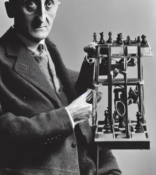 Image similar to marcel duchamp holding up a chess - piece wire - machine, a surrealist painting by marcel duchamp, complex artificial - intelligence machinery, flickr contest winner, studio portrait, 1 9 2 0 s