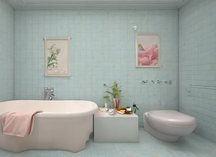 Image similar to placid pastel morning cute tiled bathroom trending on pixiv