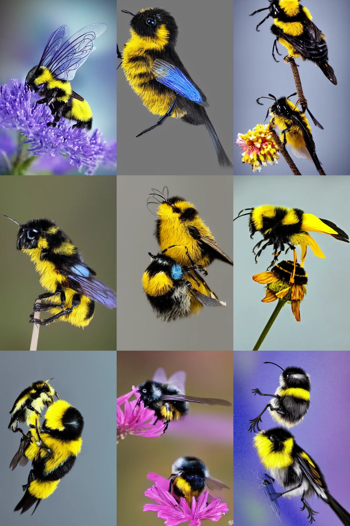 Prompt: cross between a bumblebee and a fairy wren, high quality, 4k, 8k, trending on Artstation,