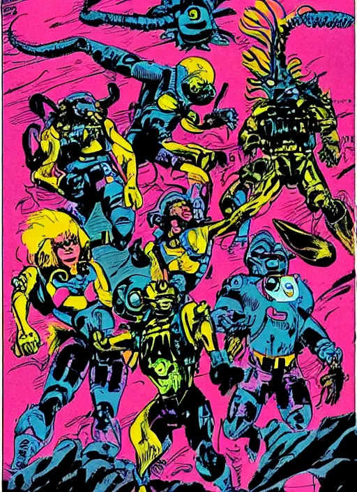 Image similar to comic book drawing of aliens at the grand canyon by jack kirby!!! and gris grimly, cinematic, epic, awesome bright color palette, hard contrast, black ink outlines