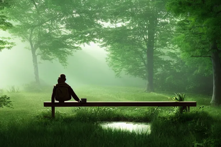 Image similar to a prince sits on a bench in a forest in front of a pond in the center, green color scheme, morning, mist, sun rays, artstation,