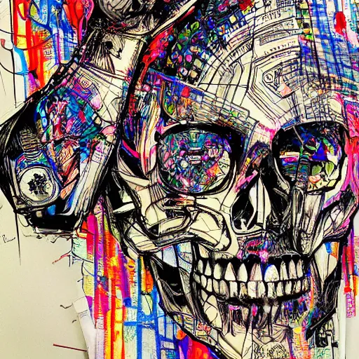 Image similar to Derek Gores drawing of Psychedelic Skulls, medieval town, skulls, drawn by Derek Gores, trending on artstation