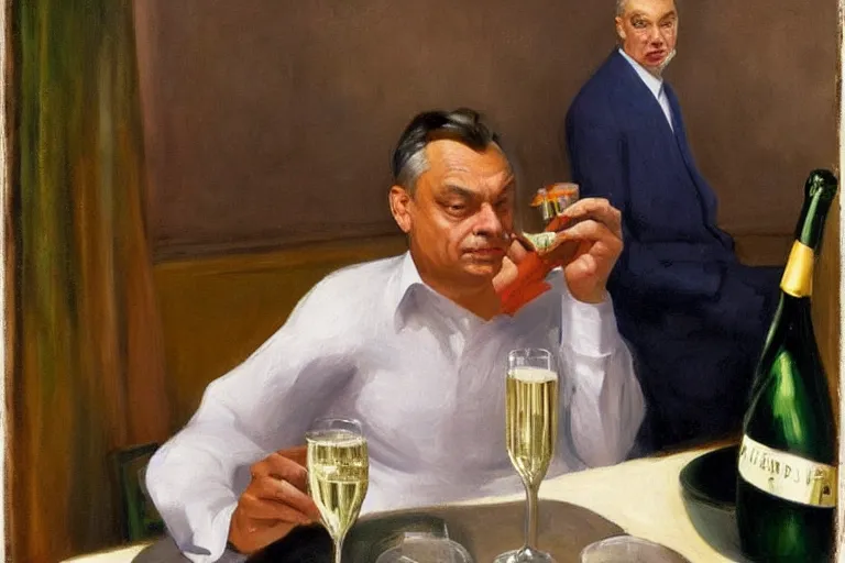 Image similar to viktor orban drinking champagne, highly detailed face by edward hopper