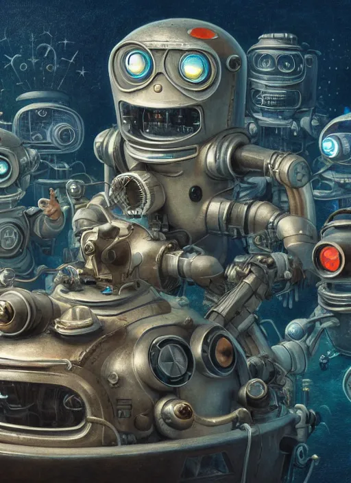 Prompt: highly detailed closeup, group portrait of a retro robots deep sea diving, unreal engine, nicoletta ceccoli, mark ryden, earl norem, lostfish, global illumination, detailed and intricate environment