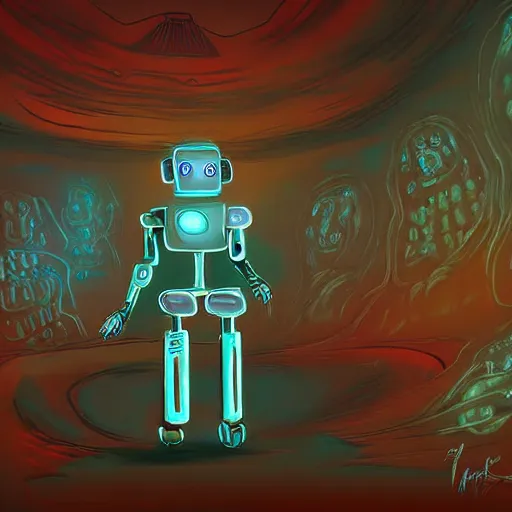 Prompt: a robot exploring hell, digital art, extremely detailed