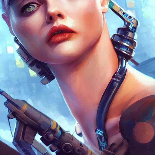 Image similar to tank girl, highly detailed, half android, power implants, body transmogrify, beautiful, mesmerising, look of desire, loving stare, digital painting, trending on artstation, concept art, 4 k, sharp focus, illustration, art by artgerm and magali villeneuve