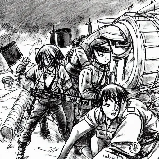 Prompt: manga style, thick line art, portrait of girl, under artillery fire, trench sandbags in background, soldier clothing, short hair, hair down, symmetrical facial features, marvel comic, detailed drawing, cartoonish, trending in japan, by professional artist masashi kishimoto and naoki urasaw