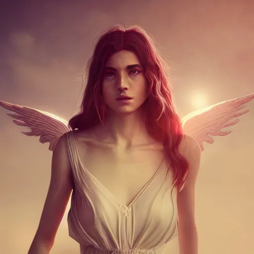 Image similar to portrait art of female angel by alessio albi 8 k ultra realistic, angel wings, lens flare, atmosphere, glow, detailed, intricate, full of colour, cinematic lighting, trending on artstation, 4 k, hyperrealistic, focused, extreme details, unreal engine 5, cinematic, masterpiece